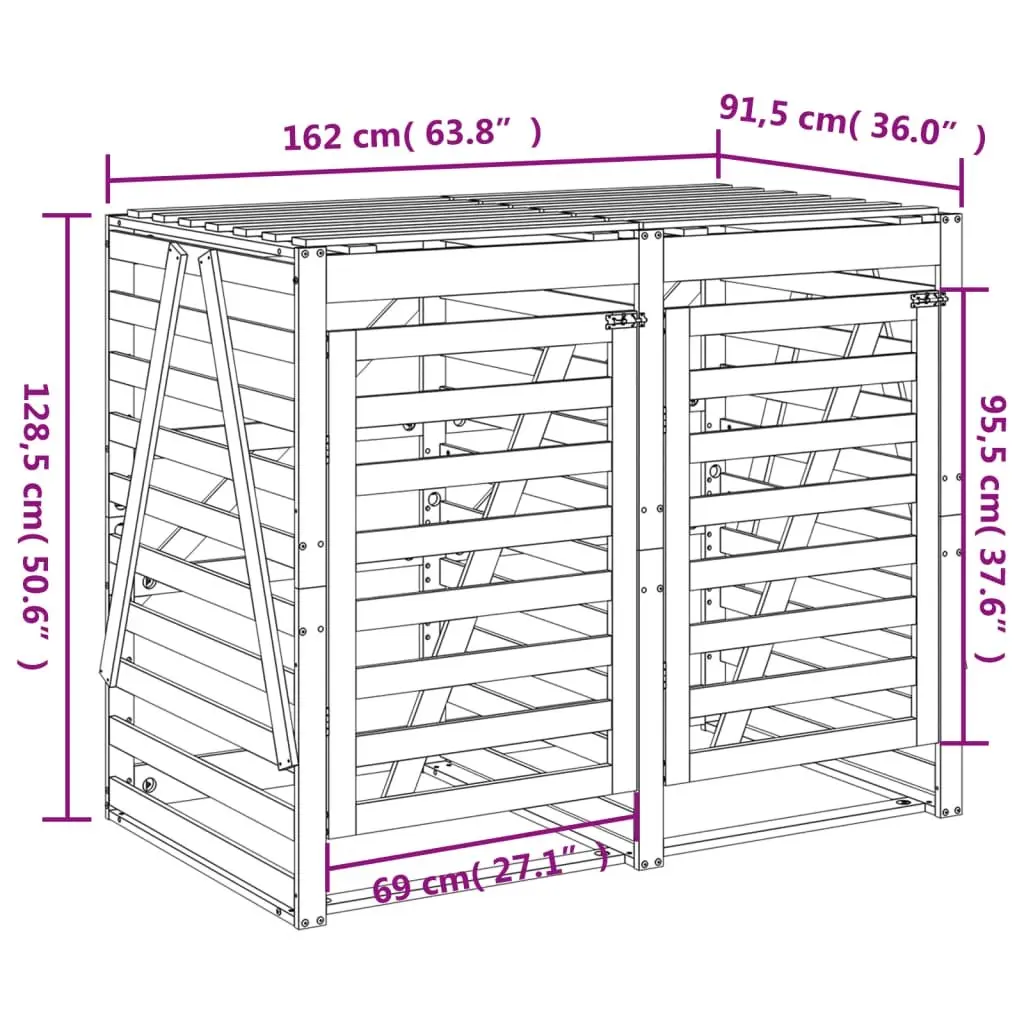 Double Wheelie Bin Storage Unit Solid Pine Wood Black with Ventilation Slats