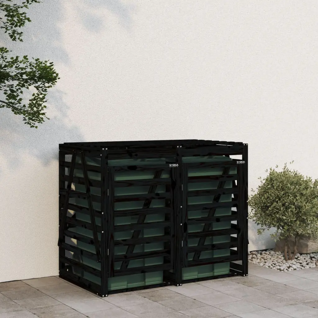 Double Wheelie Bin Storage Unit Solid Pine Wood Black with Ventilation Slats