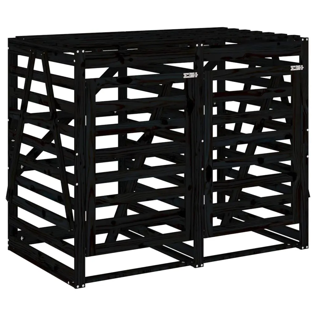 Double Wheelie Bin Storage Unit Solid Pine Wood Black with Ventilation Slats