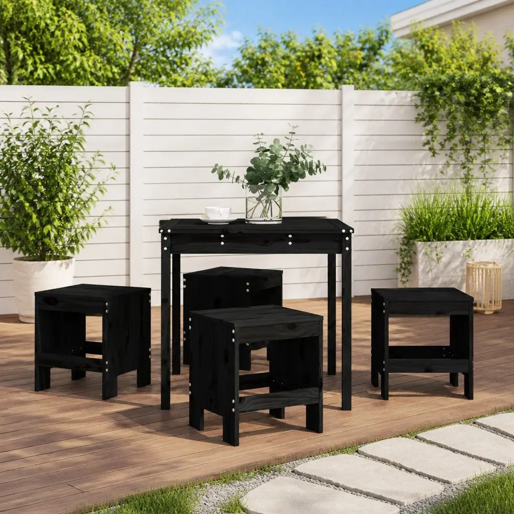 5 Piece Black Pine Wood Outdoor Dining Set