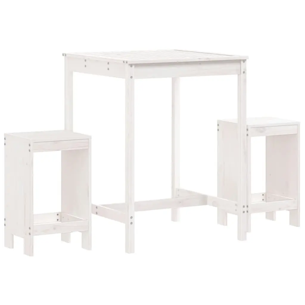 Garden Bar Set Solid Pine Wood 3 Piece Outdoor Furniture White Patio Stools Table