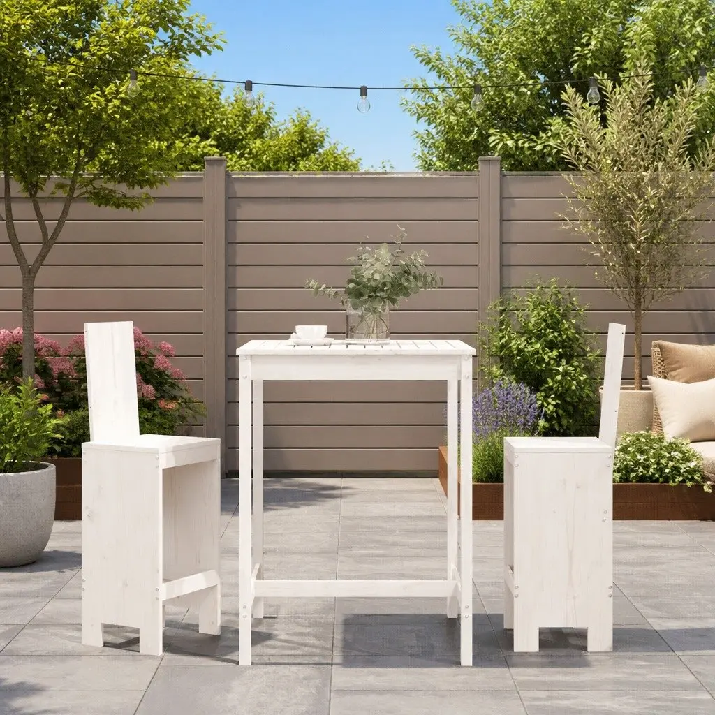 3 Piece Garden Bar Set in White Solid Pine