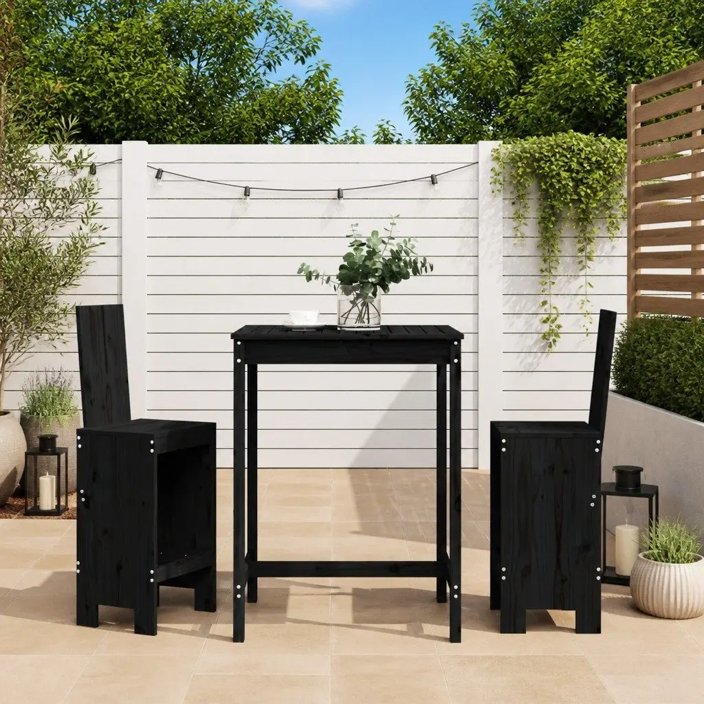 Garden Bar Set Solid Pine Wood 3 Piece Black Outdoor Furniture