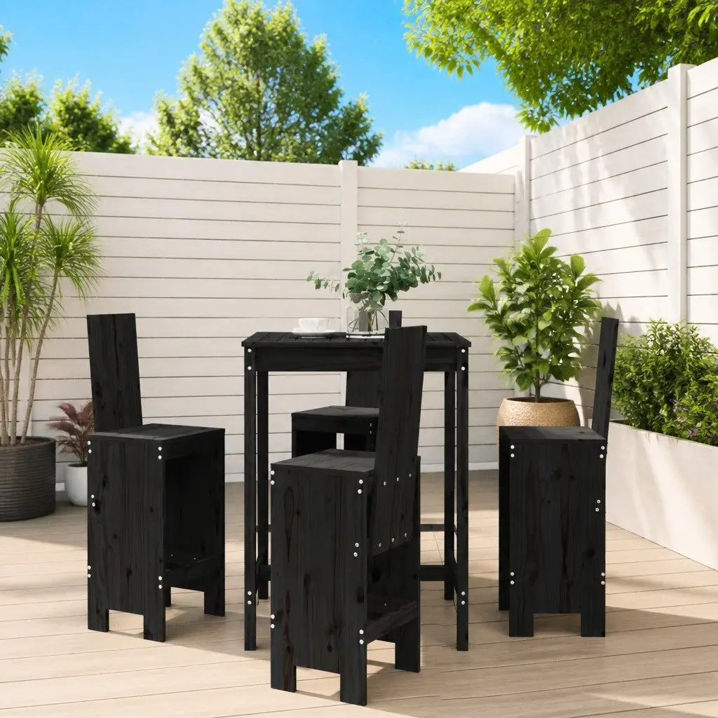 5-Piece Black Pine Garden Bar Set for Outdoor Use