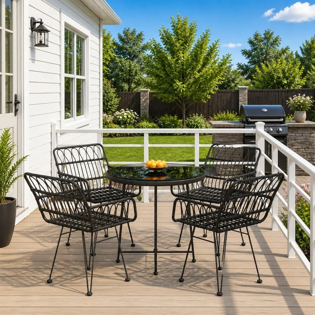 5 Piece Garden Dining Set PE Rattan Steel Frame Tempered Glass Black