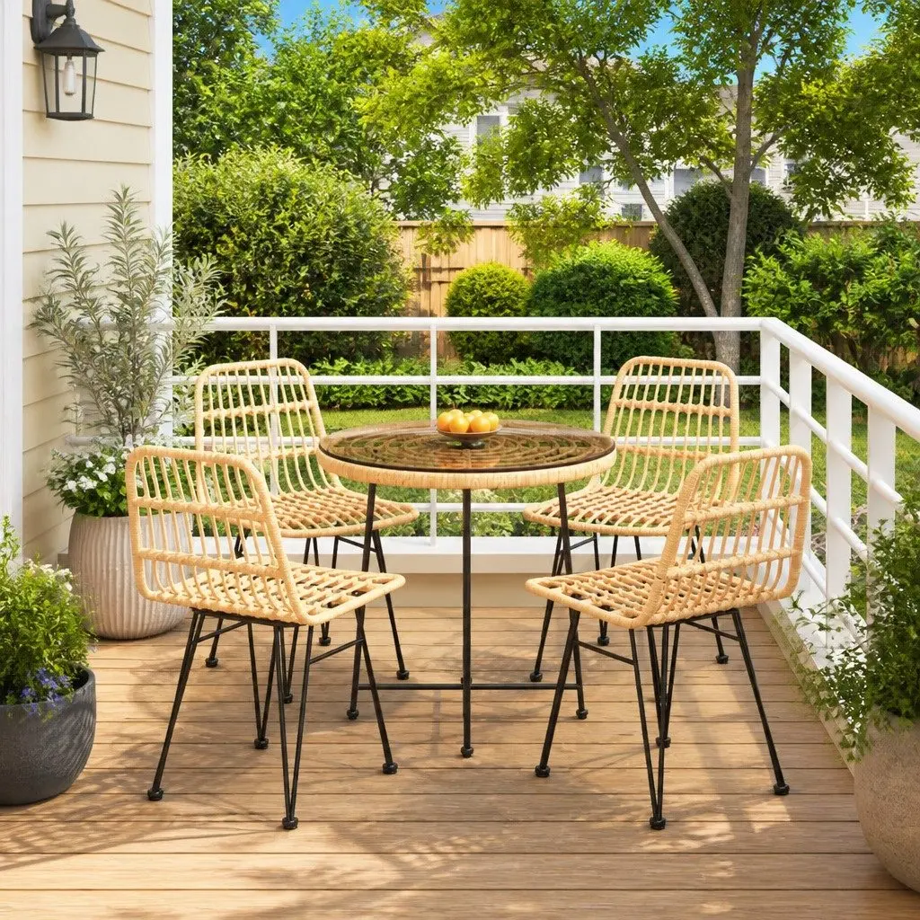 5-Piece Garden Dining Set with Steel Frame and Glass Top