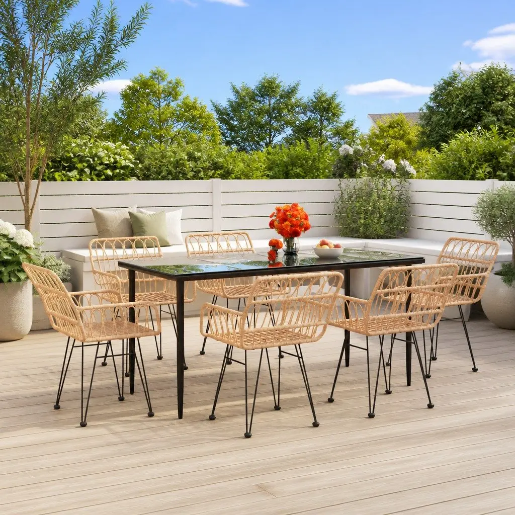 7 Piece Garden Dining Set with Brown Poly Rattan