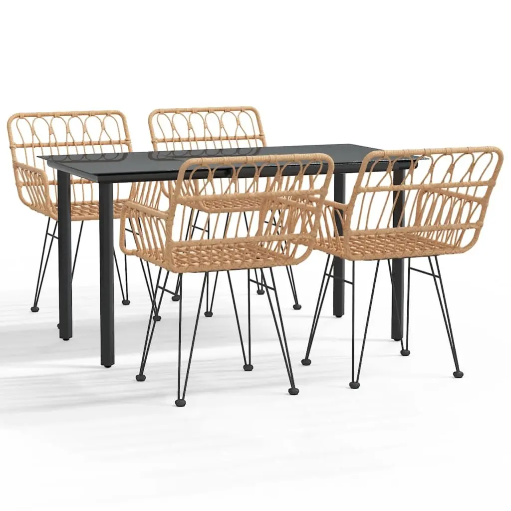 5 Piece Garden Dining Set PE Poly Rattan Steel Frame Brown with Tempered Glass Table