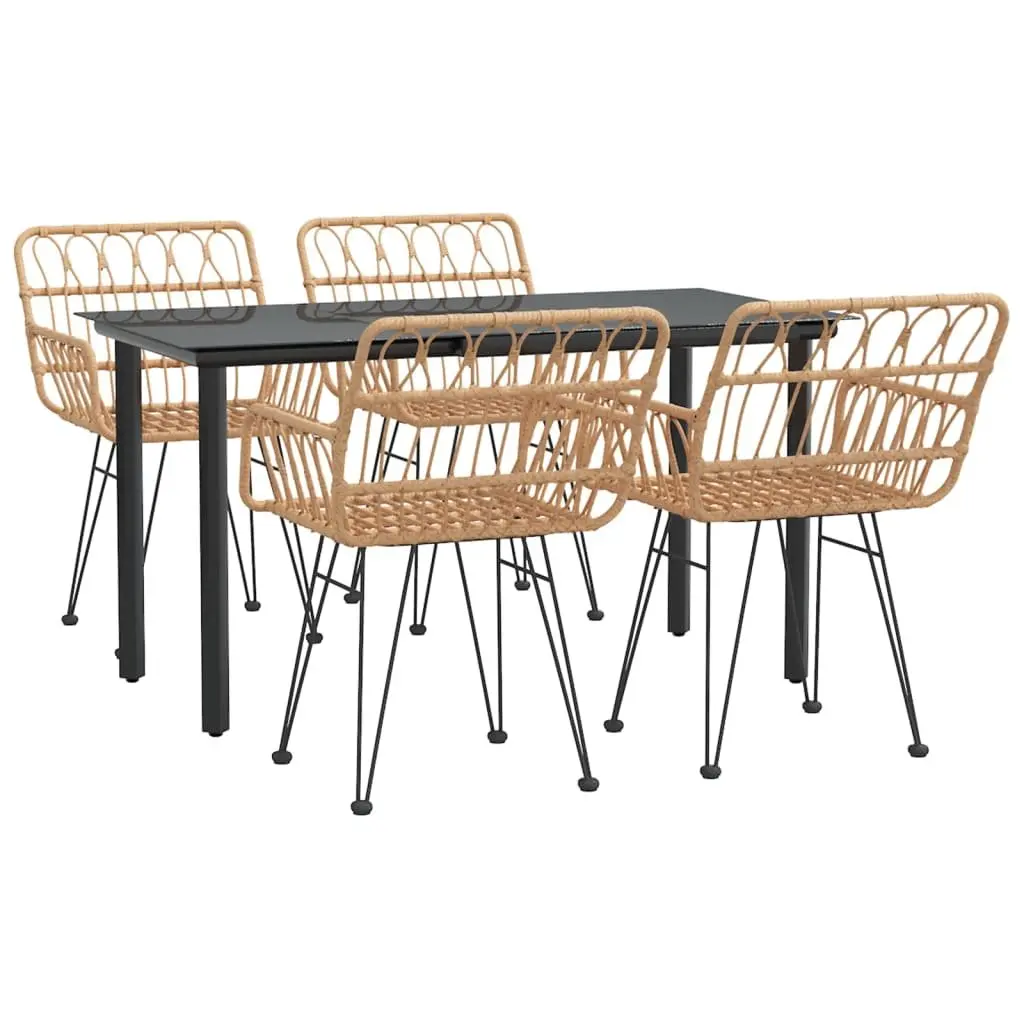 5 Piece Garden Dining Set PE Poly Rattan Steel Frame Brown with Tempered Glass Table