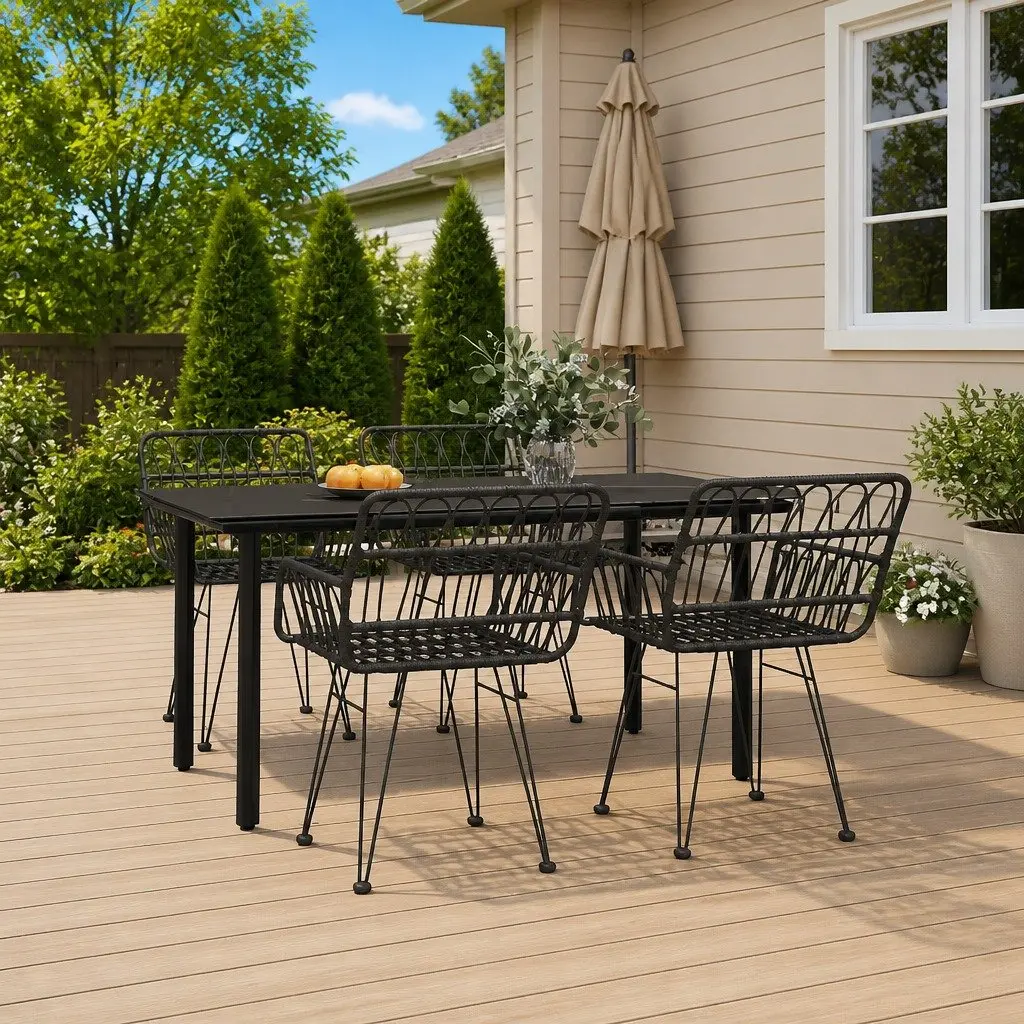 5 Piece Garden Dining Set PE Rattan Steel Frame Tempered Glass Black
