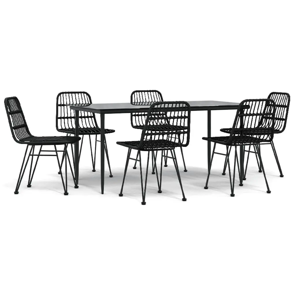 7 Piece Garden Dining Set PE Rattan Steel Frame Tempered Glass Black