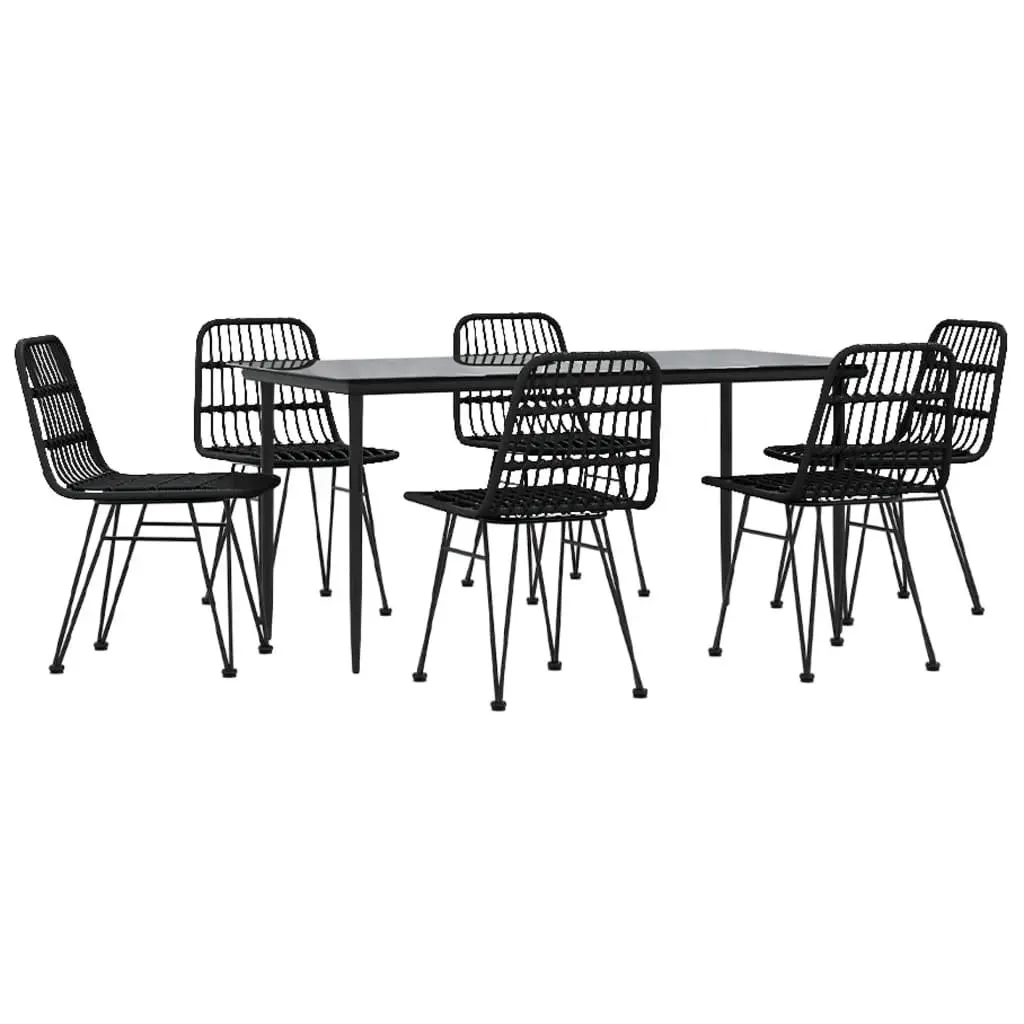7 Piece Garden Dining Set PE Rattan Steel Frame Tempered Glass Black