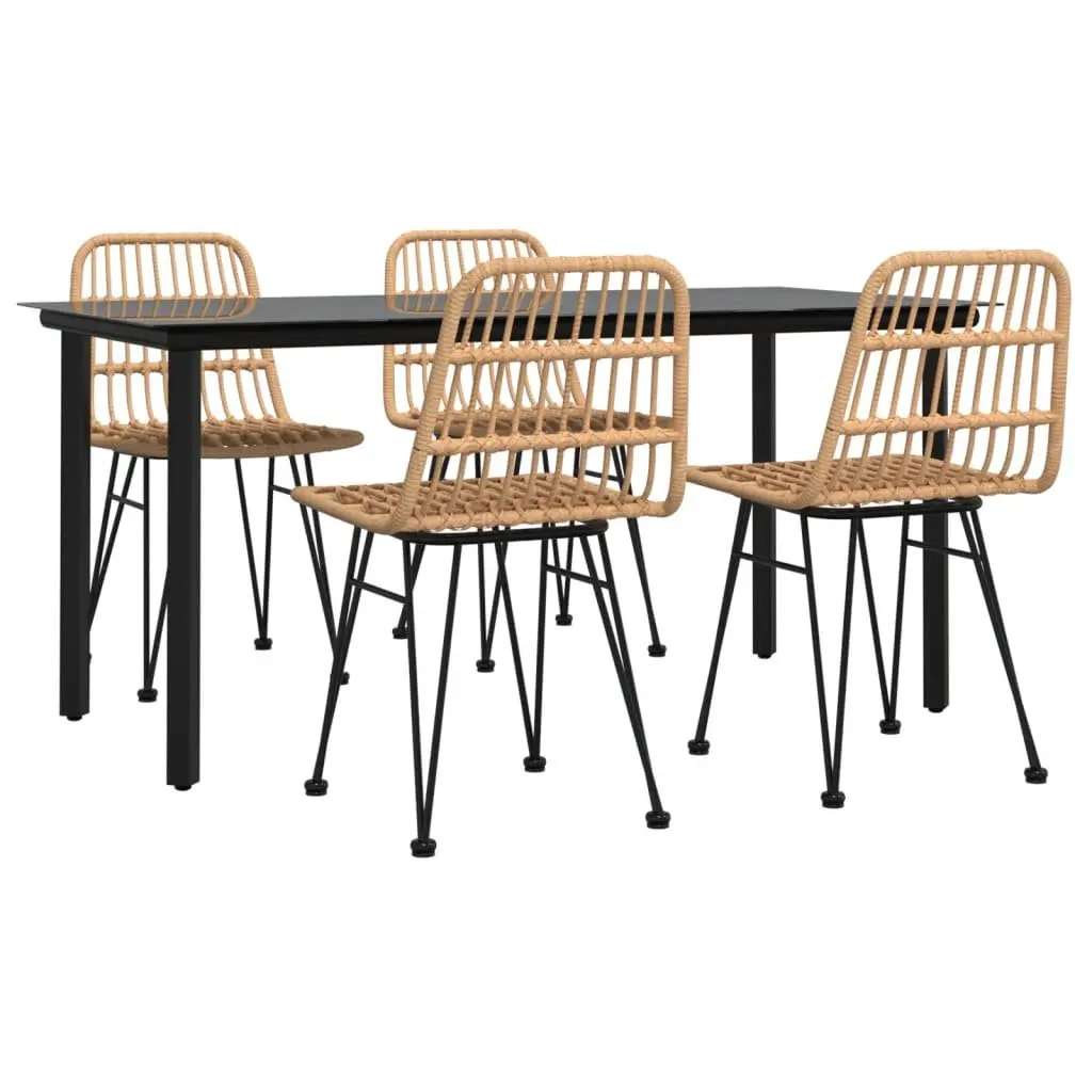 5 Piece Garden Dining Set PE Rattan Steel Frame Tempered Glass Table Chairs Brown