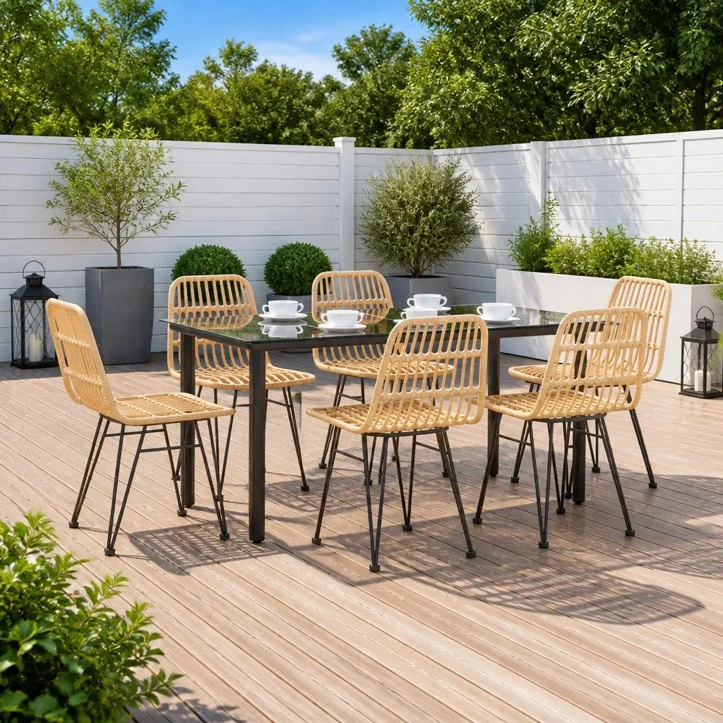 7-Piece Brown Poly Rattan Garden Dining Set