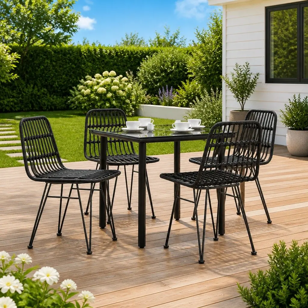 5-Piece Black Poly Rattan Garden Dining Set