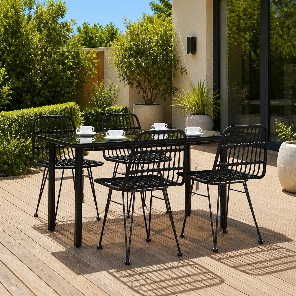 5 Piece Black Poly Rattan Garden Dining Set