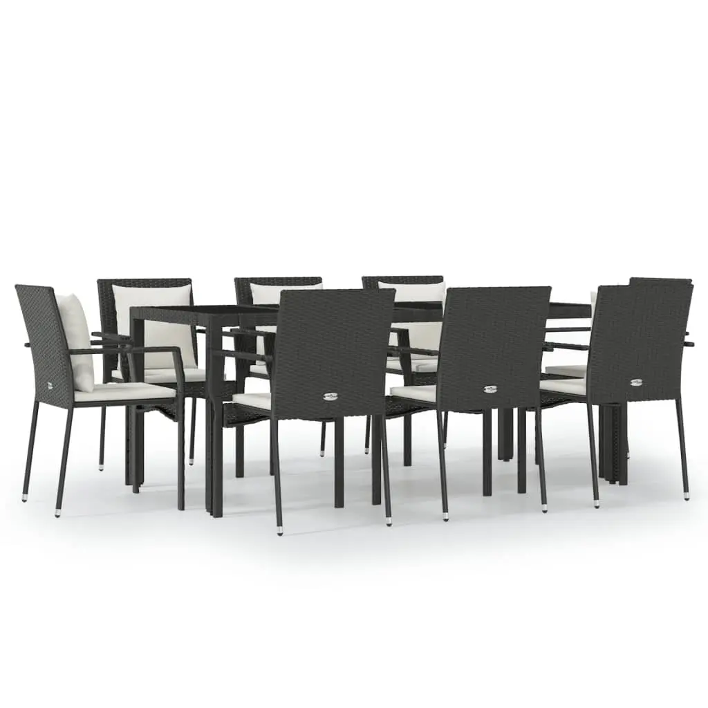 9 Piece Garden Dining Set PE Rattan Powder Coated Steel Black with Tempered Glass Top