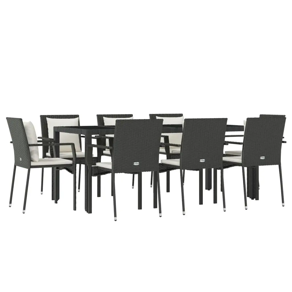 9 Piece Garden Dining Set PE Rattan Powder Coated Steel Black with Tempered Glass Top