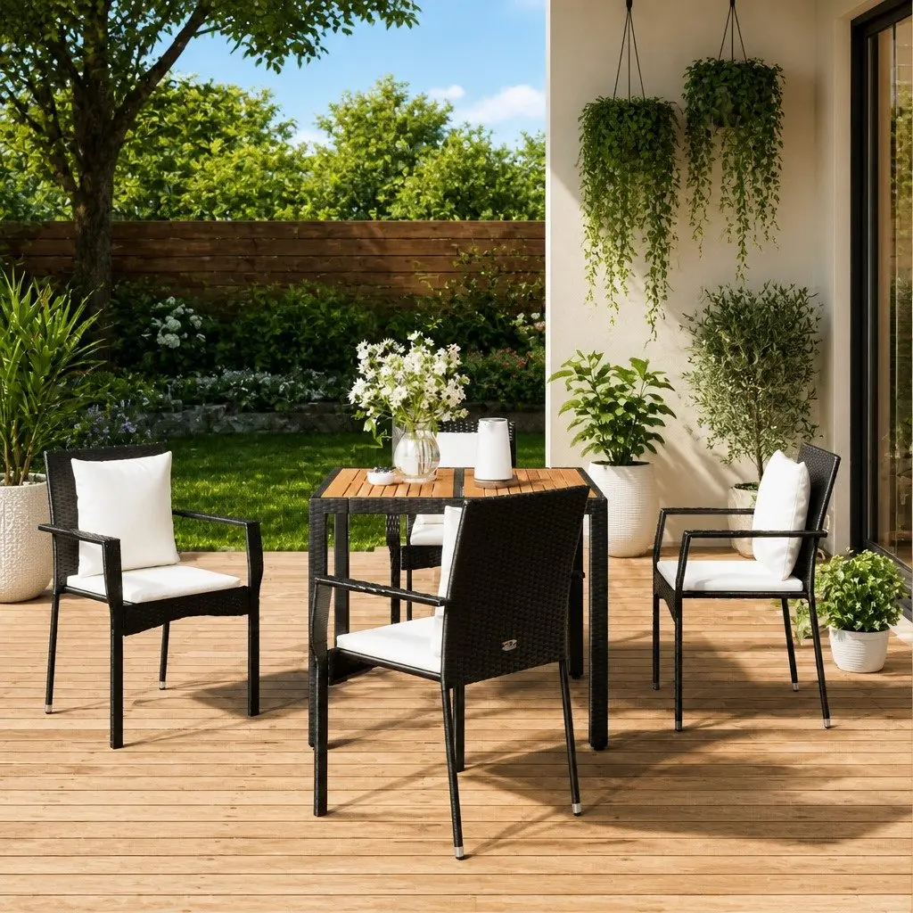 5 Piece Garden Dining Set in Black PE Rattan