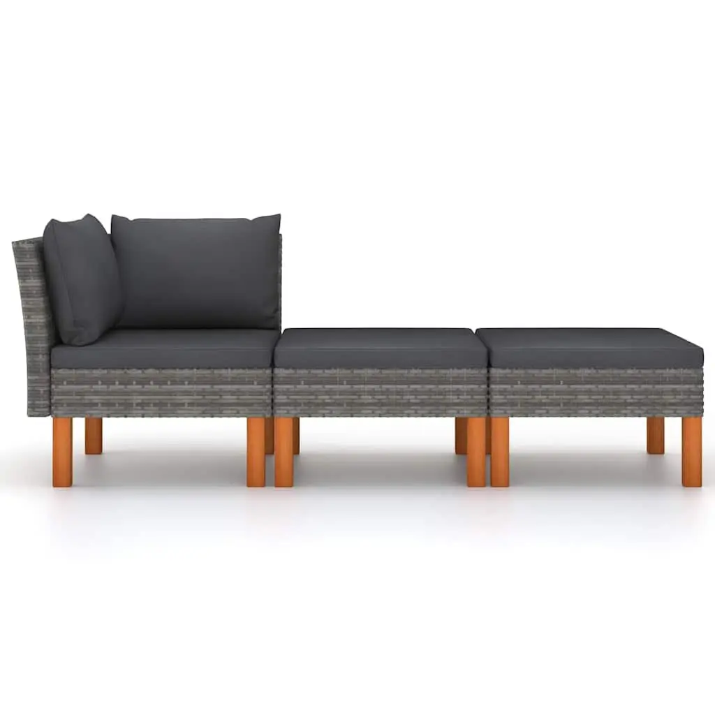 3 Piece Garden Lounge Set PE Rattan Steel Frame Grey Sectional Sofa with Cushions