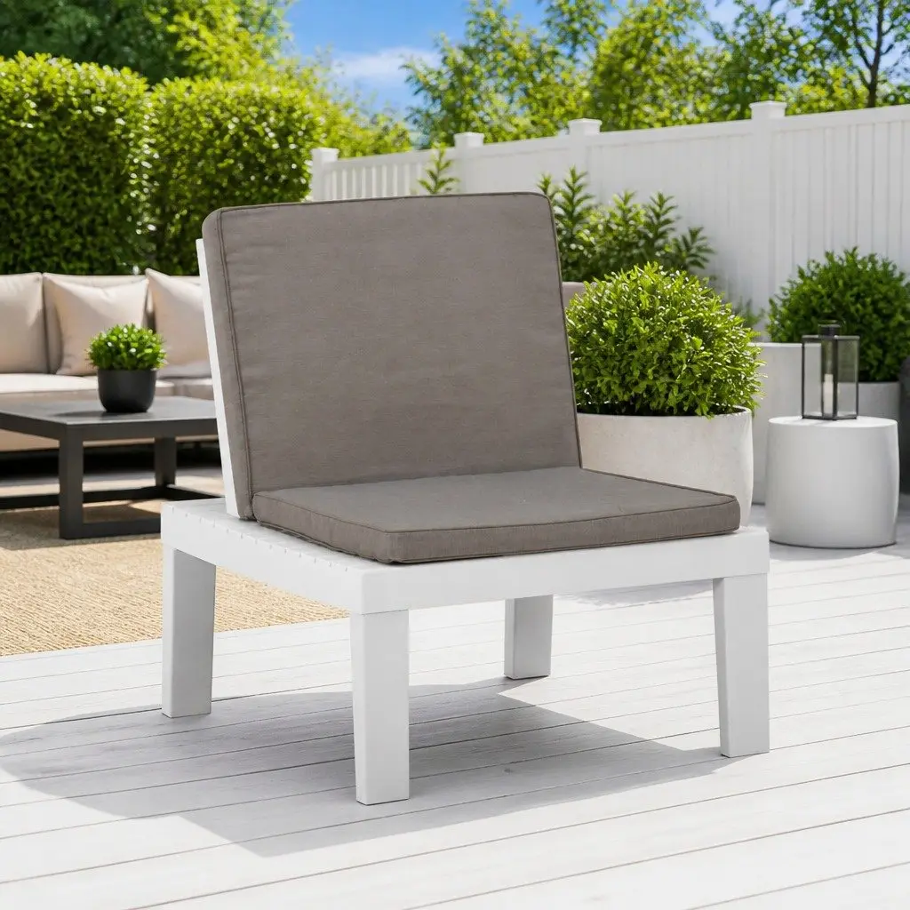Lounge Chair Plastic White with Cushion Outdoor Garden Seating
