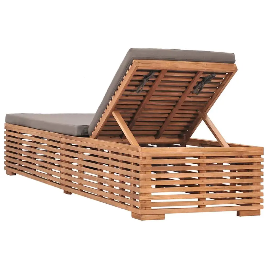 Sun Lounger Teak Wood Adjustable Reclining Chair with Grey Cushion