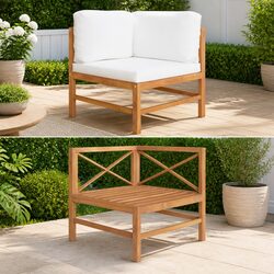 Outdoor Corner Sofa Sectional with Cream Cushions Solid Teak Wood Garden Seating