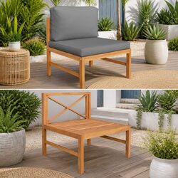 Middle Outdoor Sectional Sofa with Grey Cushions Solid Teak Wood Garden Seating