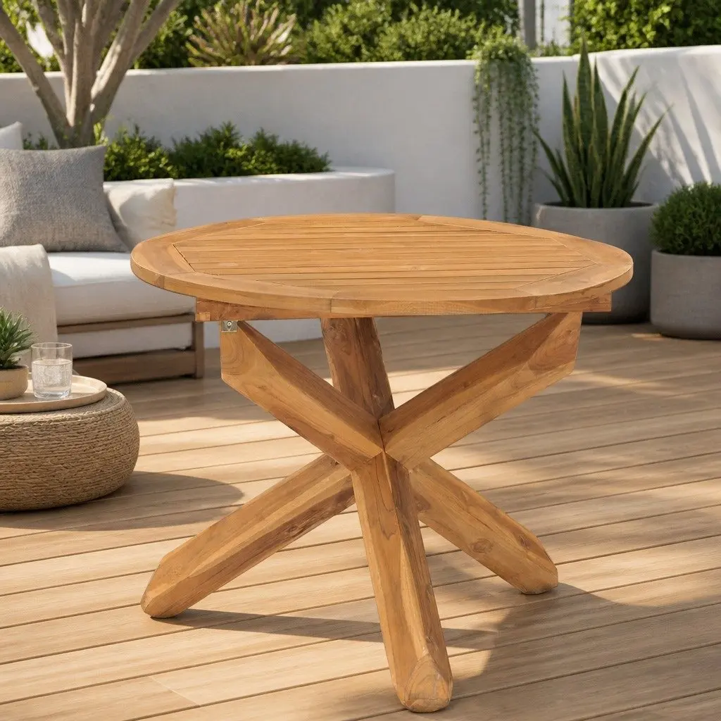 Round Solid Teak Wood Garden Dining Table Ø90cm