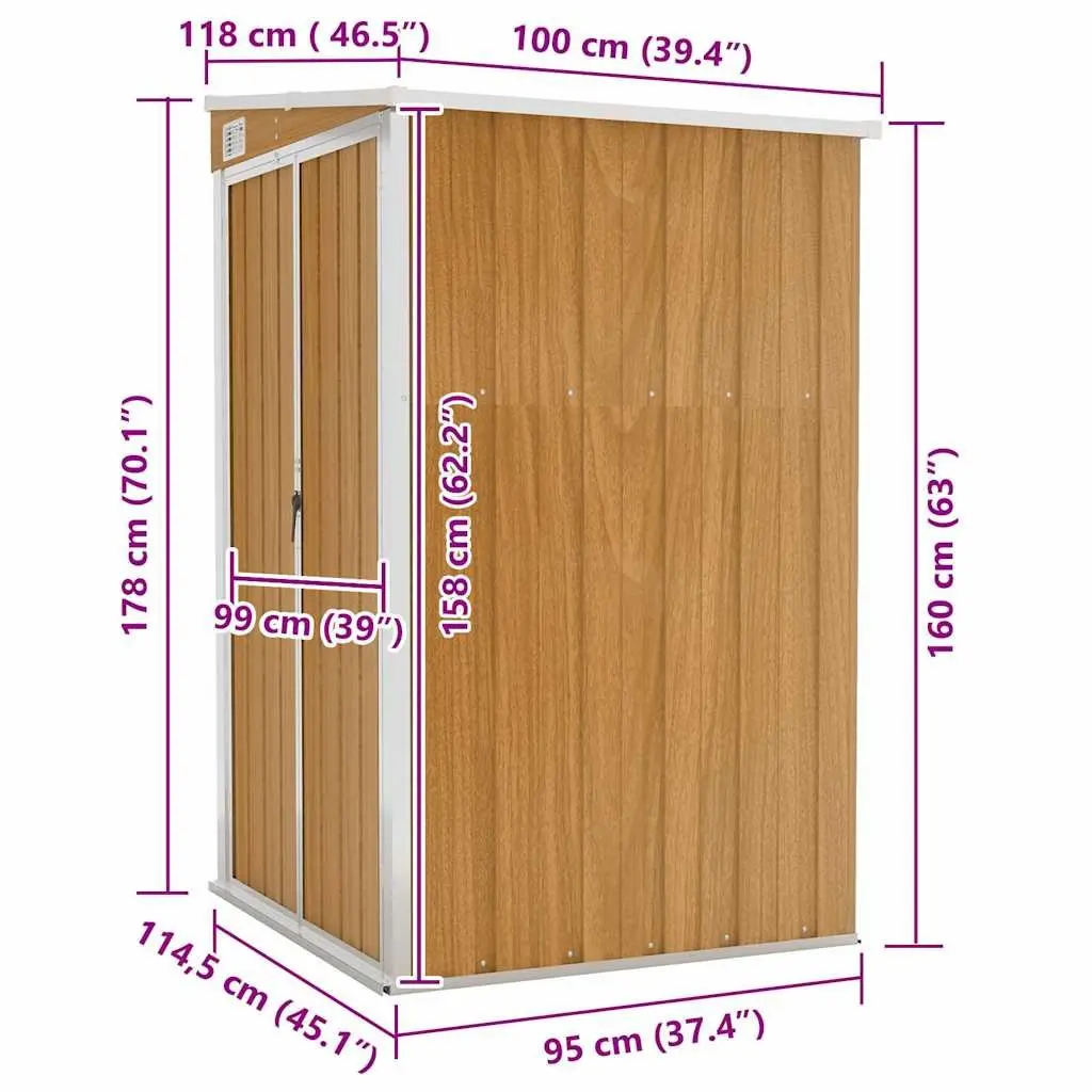 Garden Shed Galvanised Steel Wall-mounted 118W x 100D x 178H cm Brown