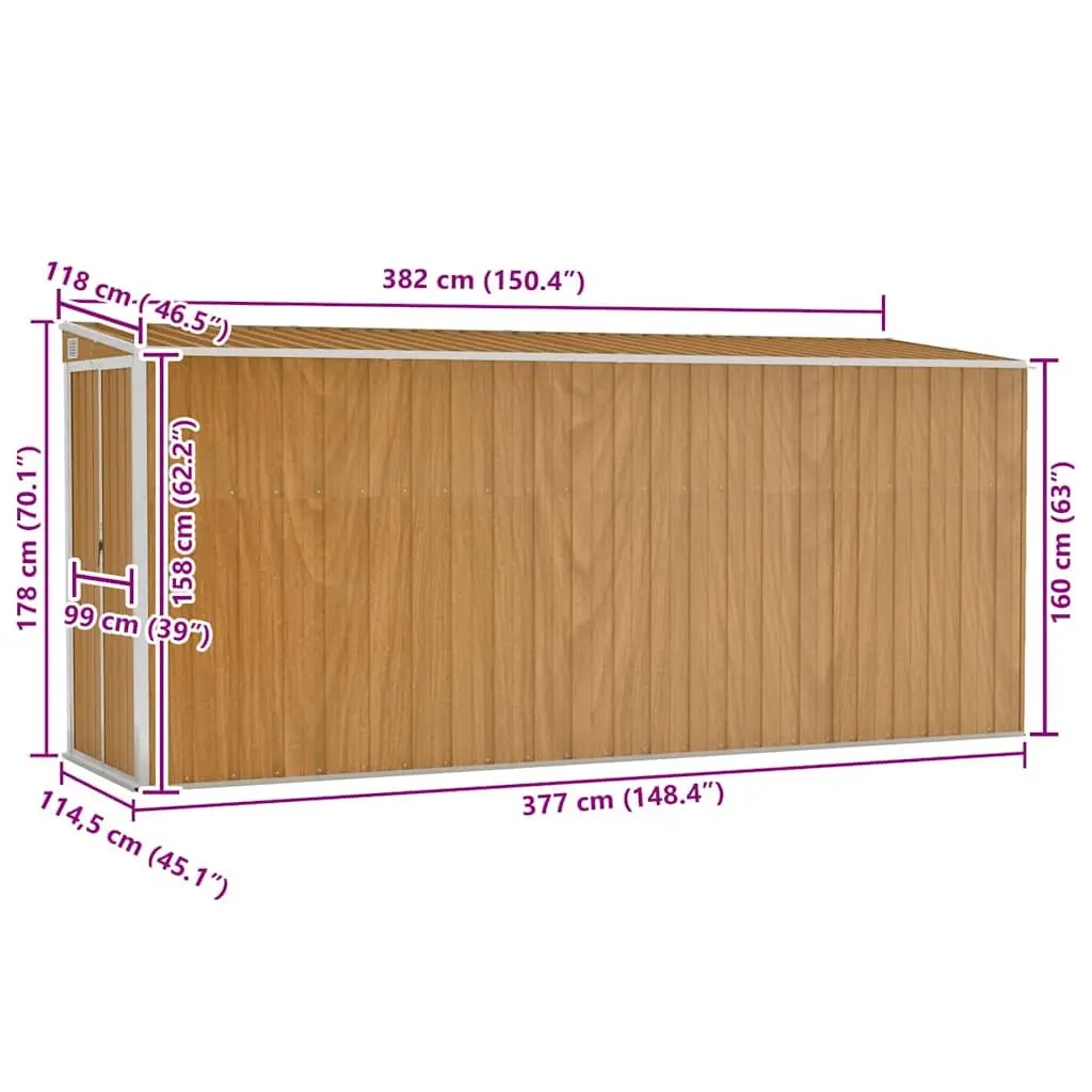Garden Shed Galvanised Steel Wall-mounted Brown Double Door 118 x 382 x 178 cm