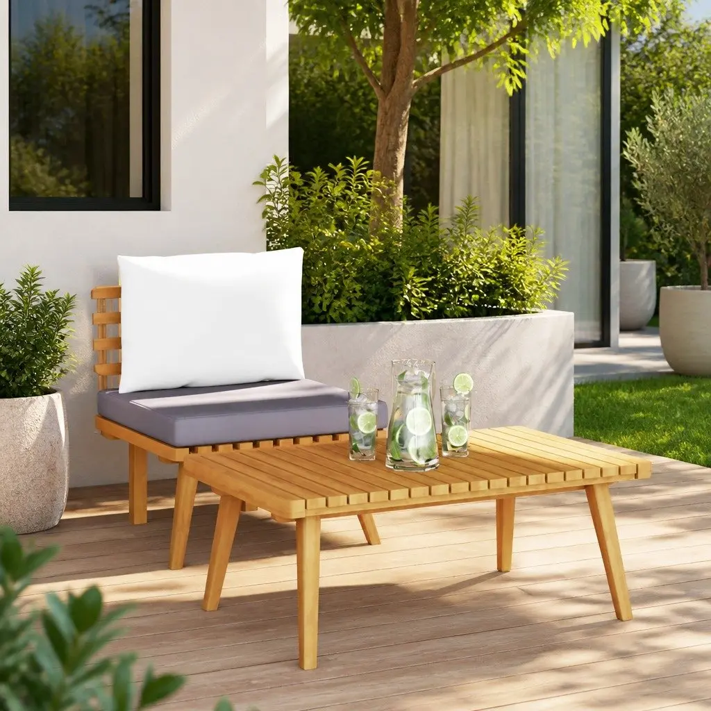 Solid Wood Patio Sectional Sofa with Grey Cushions