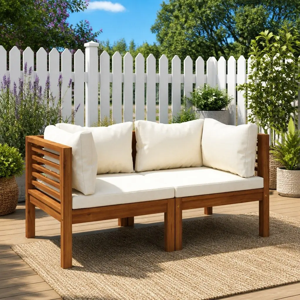 Solid Acacia Wood Outdoor Corner Sofa Set with White Cushions