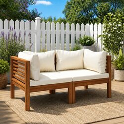Solid Acacia Wood Outdoor Corner Sofa Set with White Cushions