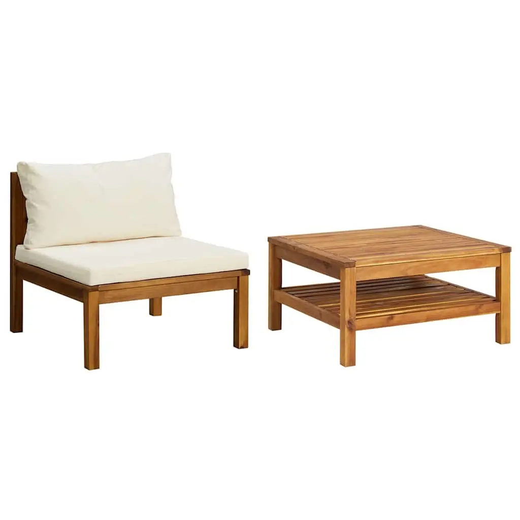 Outdoor Sectional Sofa Set Acacia Wood 2 Piece White Cushions