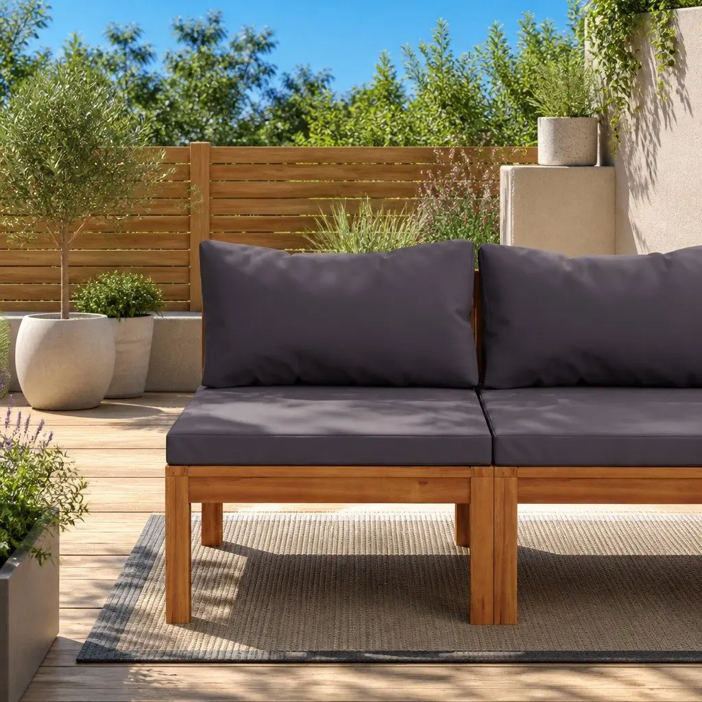 Solid Wood Outdoor Sectional Middle Sofa with Grey Cushions