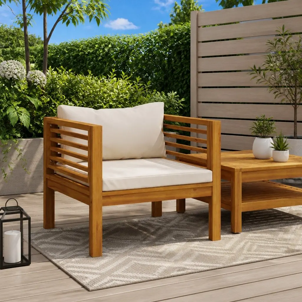 Garden Chair Solid Acacia Wood Natural with Cream White Cushions