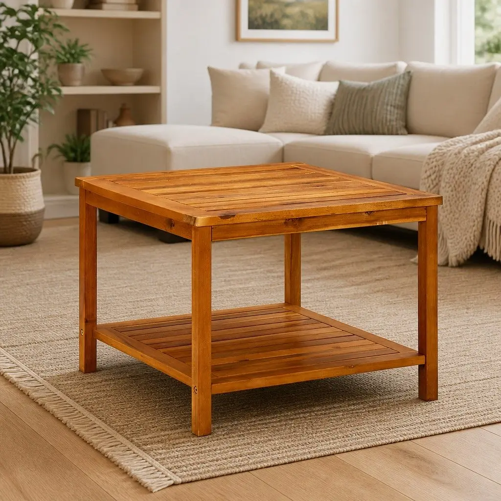 Solid Acacia Wood Coffee Table with Slatted Top 60x60x45 cm