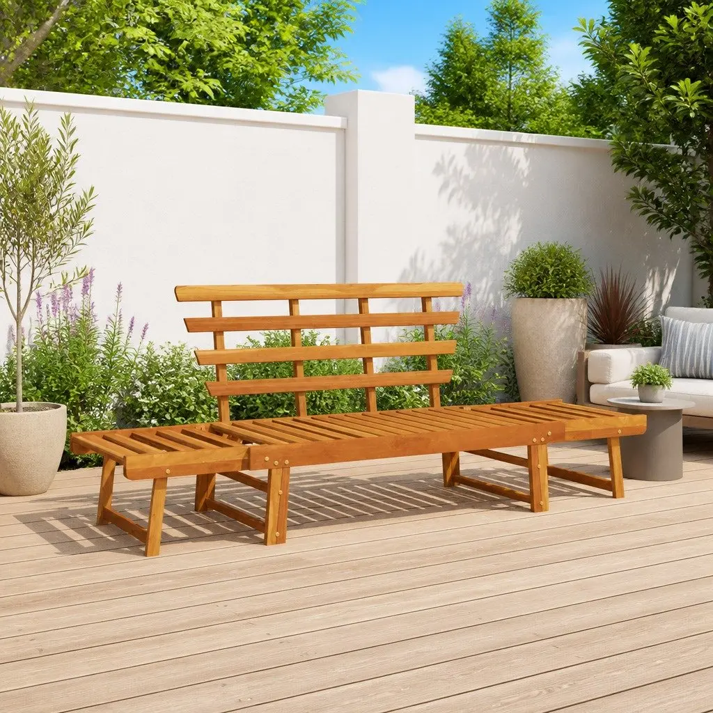 Garden Bench Acacia Wood 190cm Brown Outdoor 2-in-1 Convertible Sun Lounger Day Bed