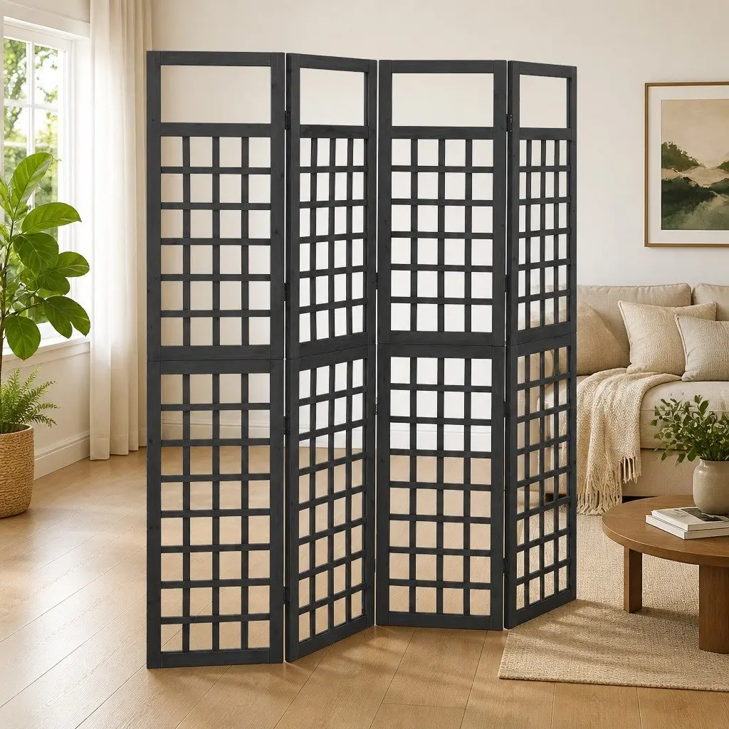 4-Panel Room Divider Solid Fir Wood 161x180cm Black