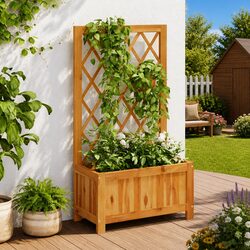 Solid Wood Raised Garden Bed with Integrated Trellis
