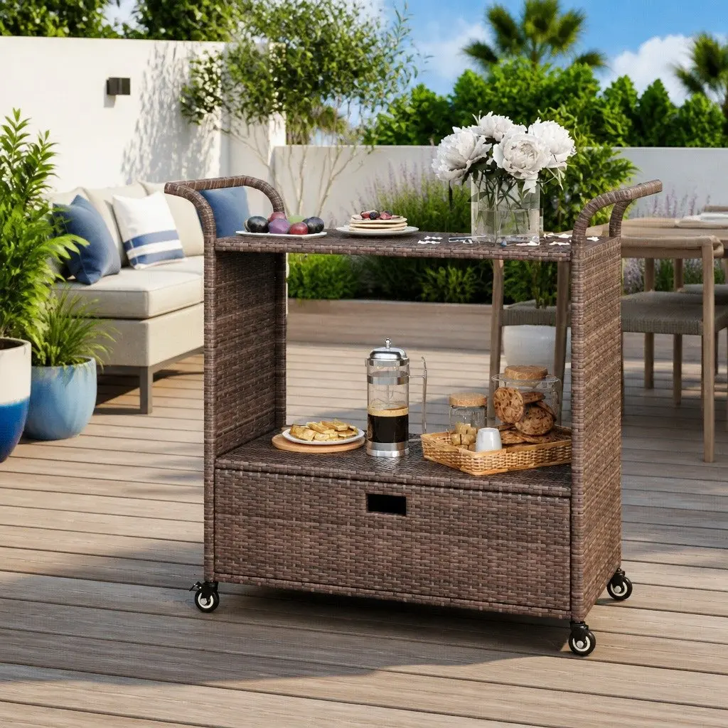 Brown Poly Rattan Bar Cart with Drawer