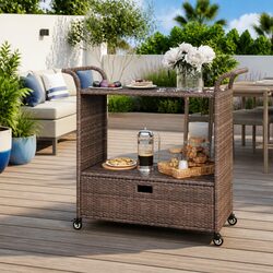 Premium Brown Poly Rattan Bar Cart with Drawer