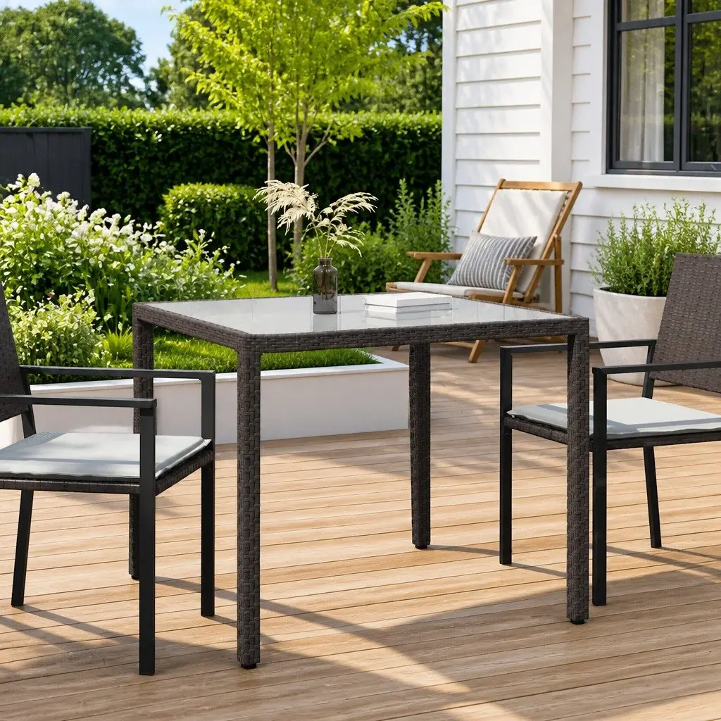 Outdoor Garden Table with Glass Top 90x90x75cm