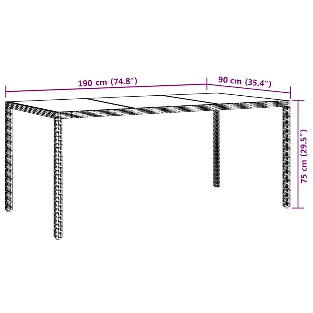 Garden Table Poly Rattan Steel Frame Tempered Glass Top Brown 190x90x75cm