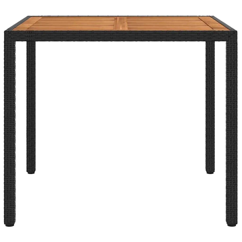 Outdoor Table Black Solid Acacia Wood 90x90x75cm Poly Rattan Steel Frame Garden Furniture