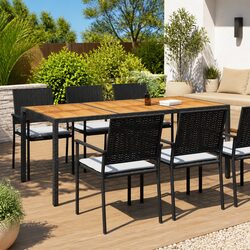 Stylish Black Poly Rattan Acacia Wood Garden Table 190x90x75cm