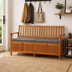 148cm Solid Wood Acacia Outdoor Storage Bench with Padded Seat