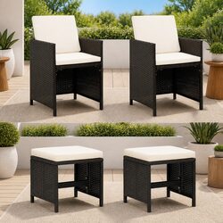 4 Piece Outdoor Garden Chair and Stool Set PE Rattan Patio Furniture Black