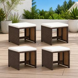 Set of 4 Brown Rattan Garden Stools with Cushions